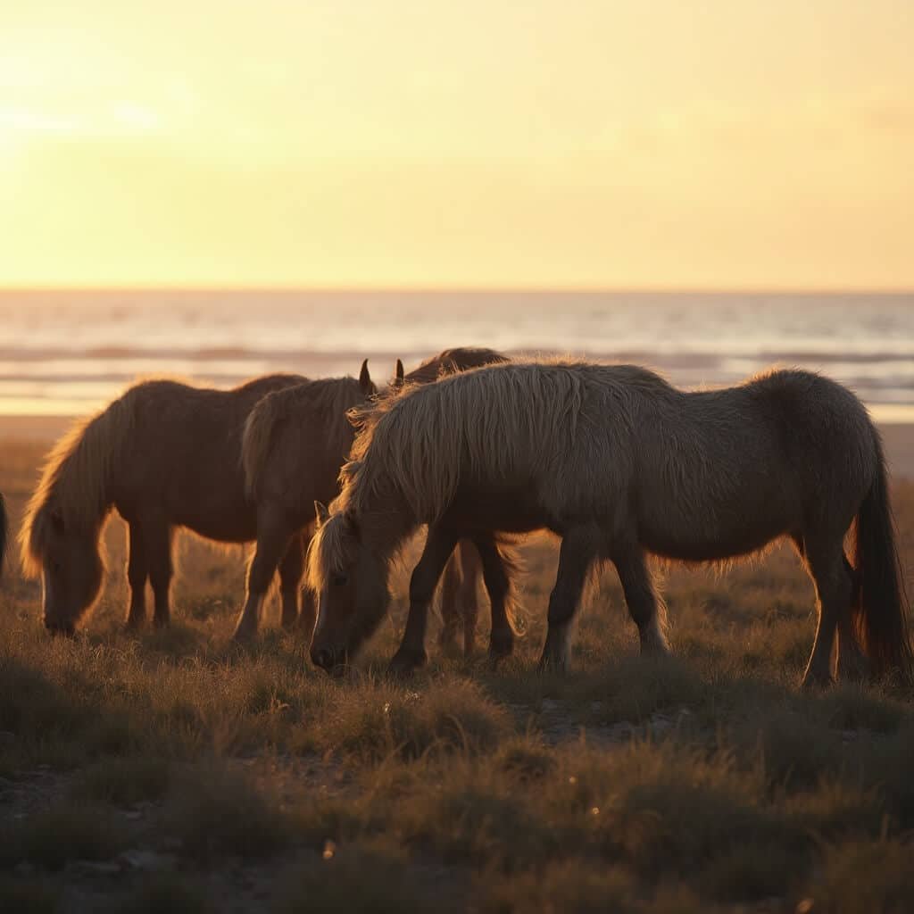 Feral horses grazing on windswept salt marshes during golden hour in Assateague with a misty ocean horizon in the background