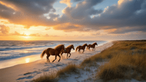 "Wild horses galloping across the beach of Assateague Island at sunset with Maryland eastern shore coastline, dunes and forest backdrop."