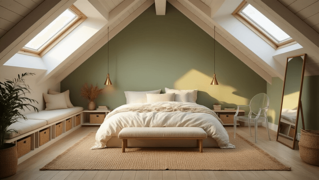 Dreamy attic bedroom with skylights, white exposed beams, sage green accent wall, low-profile platform bed, and cozy reading nook, illuminated by warm golden hour light.