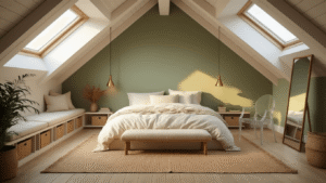Dreamy attic bedroom with skylights, white exposed beams, sage green accent wall, low-profile platform bed, and cozy reading nook, illuminated by warm golden hour light.