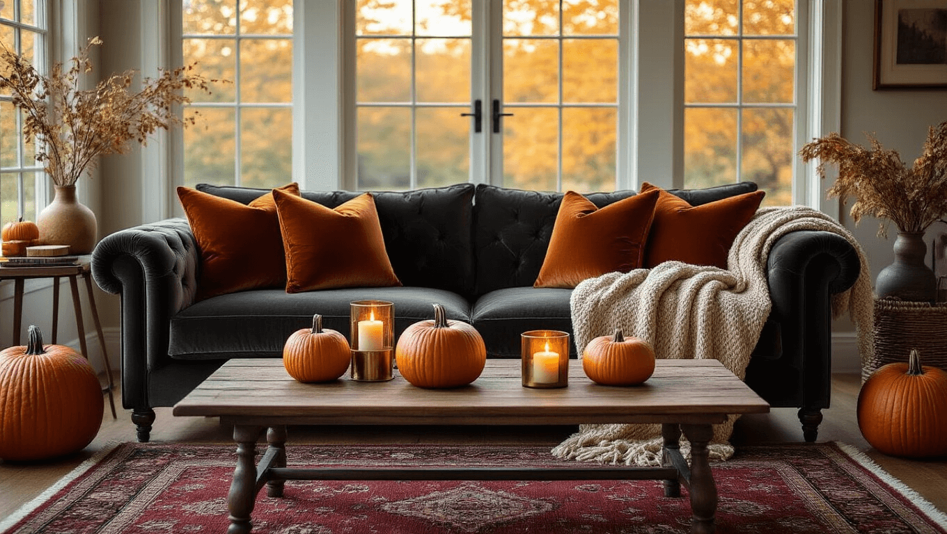A cozy autumn living room featuring a deep charcoal velvet sofa with textured pillows, a chunky wool blanket, rustic coffee table with pumpkins and candles, a vintage Persian rug, and warm ambient lighting from large windows.
