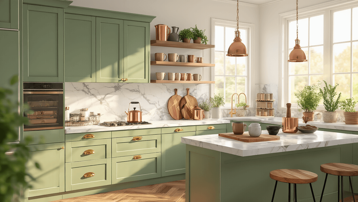 Ultra-realistic Bloxburg kitchen with sage green cabinetry, white marble countertops, ceramic mugs, and copper tools, featuring warm golden hour lighting, open shelving, a compact island, herringbone wood flooring, and brass hardware accents.
