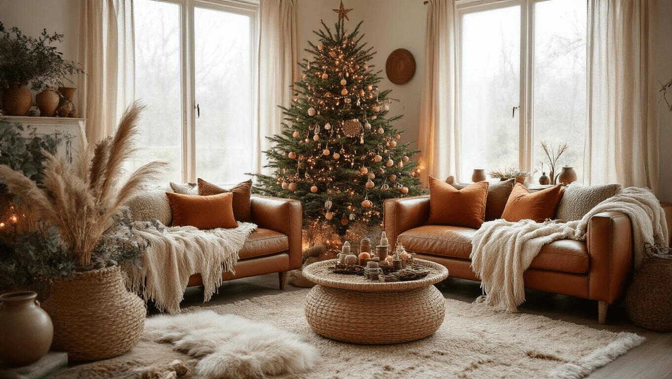 Bohemian-style Christmas living room featuring a terracotta and sage color palette, adorned with a Christmas tree in a woven basket, macrame ornaments, pampas grass, leather sofa with cozy throws, and warm lighting, creating an inviting atmosphere.