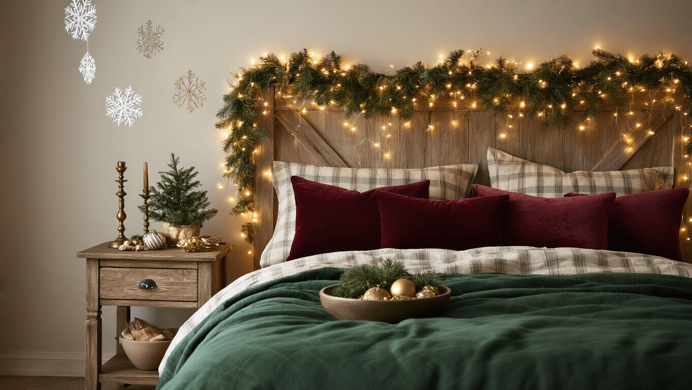 Luxurious Christmas bedroom with warm golden fairy lights, flannel sheets, velvet pillows, evergreen garland, elegant nightstand, and cozy holiday atmosphere.