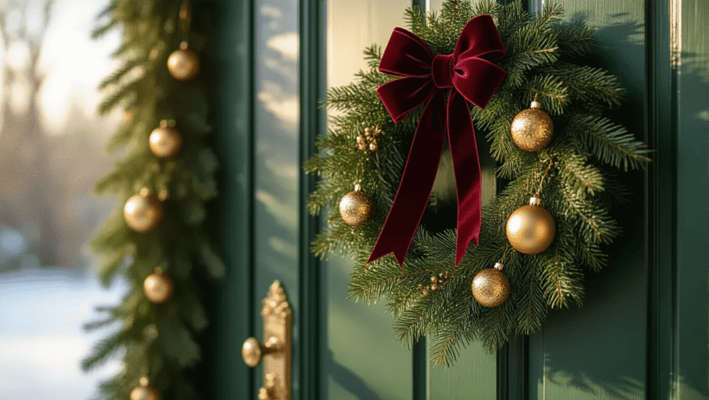 Cinematic close-up of an elegant Christmas door adorned with a lush evergreen wreath decorated with rich burgundy velvet ribbons and golden glass ornaments, set against a deep forest green wooden door, illuminated by warm sunlight that highlights the textures and details, with a softly blurred snowy landscape in the background.