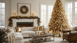 Elegant Christmas living room with a 9-foot champagne gold tree, warm light, plush sectional, leather armchair, holiday book-styled coffee table, and cozy decor elements.
