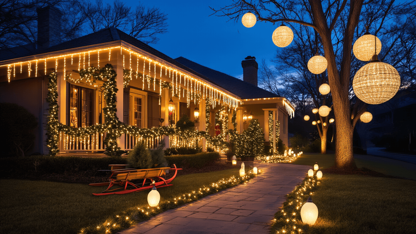 Ultra-wide shot of a beautifully decorated suburban home at twilight, featuring warm LED lights outlining the roofline, icicle lights on windows, a glowing pathway with luminarias, oversized light spheres in an oak tree, and charming holiday decor, all glowing in a magical atmosphere.