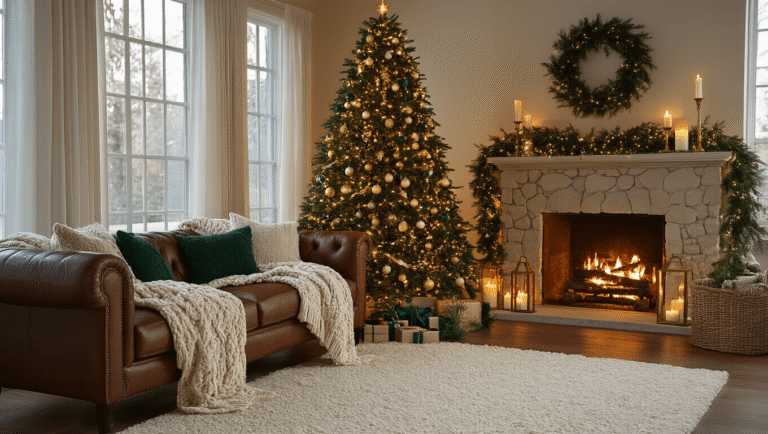 Ultra-detailed living room with a 7-foot noble fir Christmas tree decorated in emerald green and gold, warm fairy lights, a mid-century leather sofa with cable knit throws, glowing candle holders, and a stone fireplace, all illuminated by golden hour light.