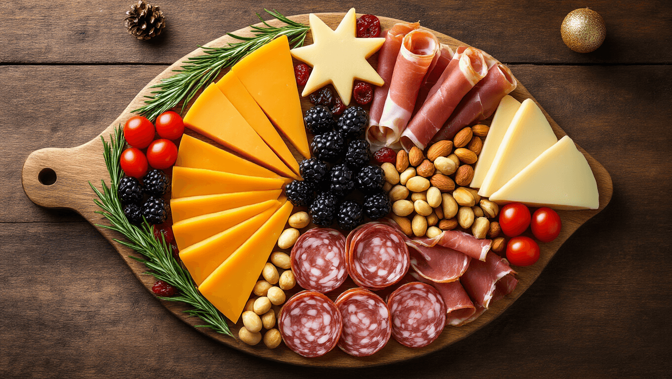 Overhead view of a Christmas tree-shaped charcuterie board on a wooden cutting board, featuring sharp cheddar, gruyère, prosciutto, salami, rosemary, cherry tomatoes, blackberries, cranberries, mixed nuts, and a star-shaped cheese topper, illuminated by warm golden hour lighting.