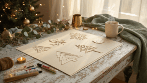 A cozy crafting nook at golden hour with cream-colored paper Christmas tree templates on a rustic wooden table, surrounded by crafting tools, glitter, and a steaming mug of hot cocoa, softly lit by filtered winter light.