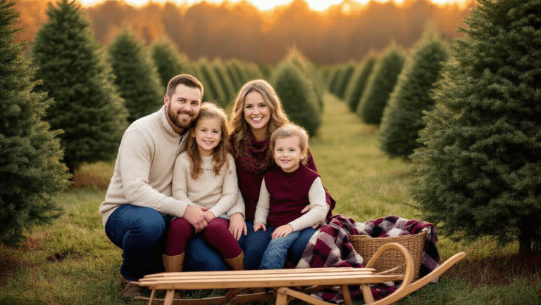 Family portrait at a Christmas tree farm during golden hour, featuring coordinated cream, burgundy, and navy outfits, with a vintage wooden sled in the foreground and dense evergreen trees in the background, illuminated by soft amber sunlight.