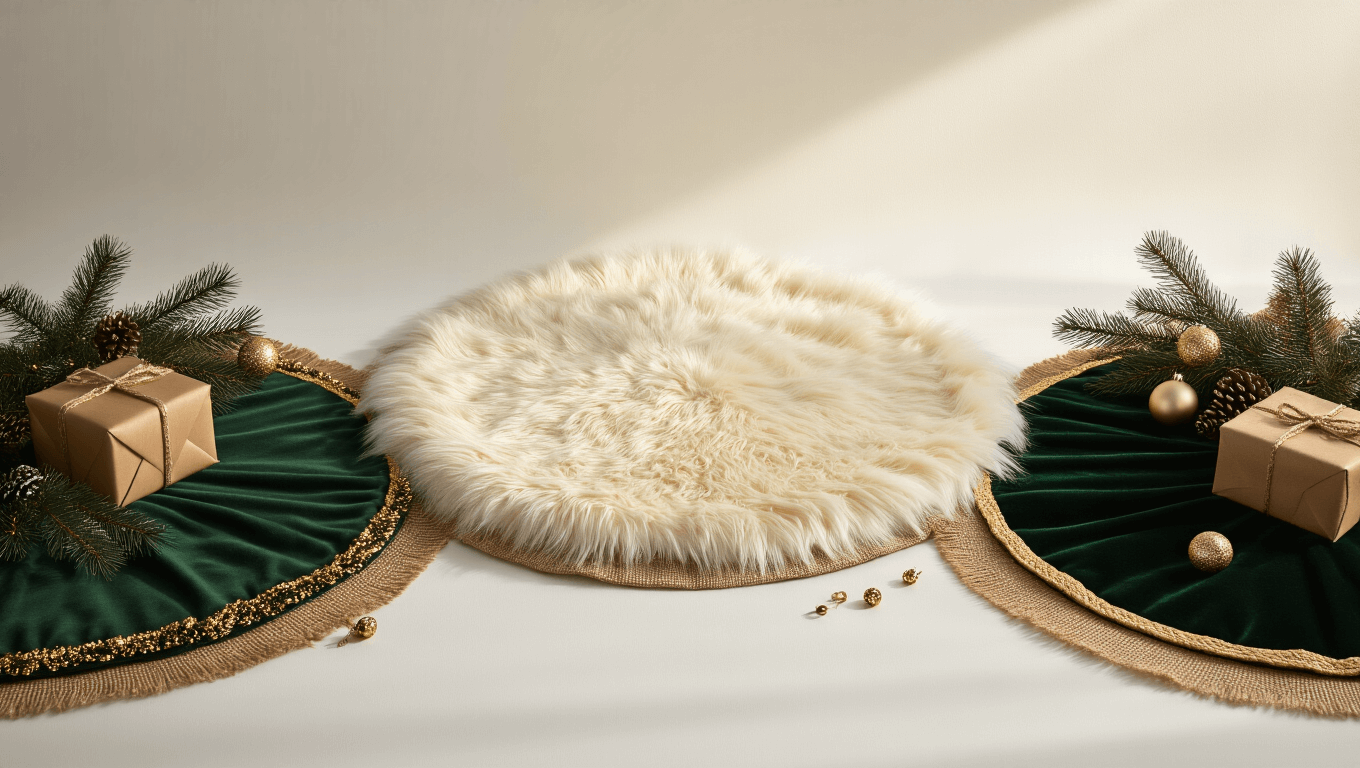 Cinematic close-up of three luxurious Christmas tree skirts in velvet, faux fur, and burlap, showcasing rich textures and warm lighting, with metallic ornaments and gift boxes in a festive setting.