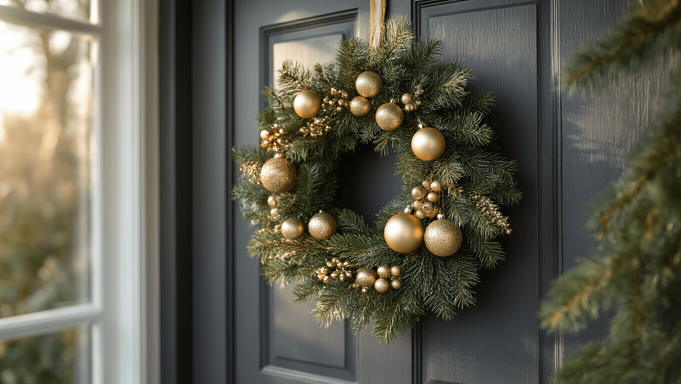 Ultra-detailed Christmas wreath made of cedar, pine, and eucalyptus adorned with asymmetrical clusters of champagne gold ornaments, hanging on a charcoal gray wooden front door, illuminated by soft winter morning light that highlights the textures and colors.