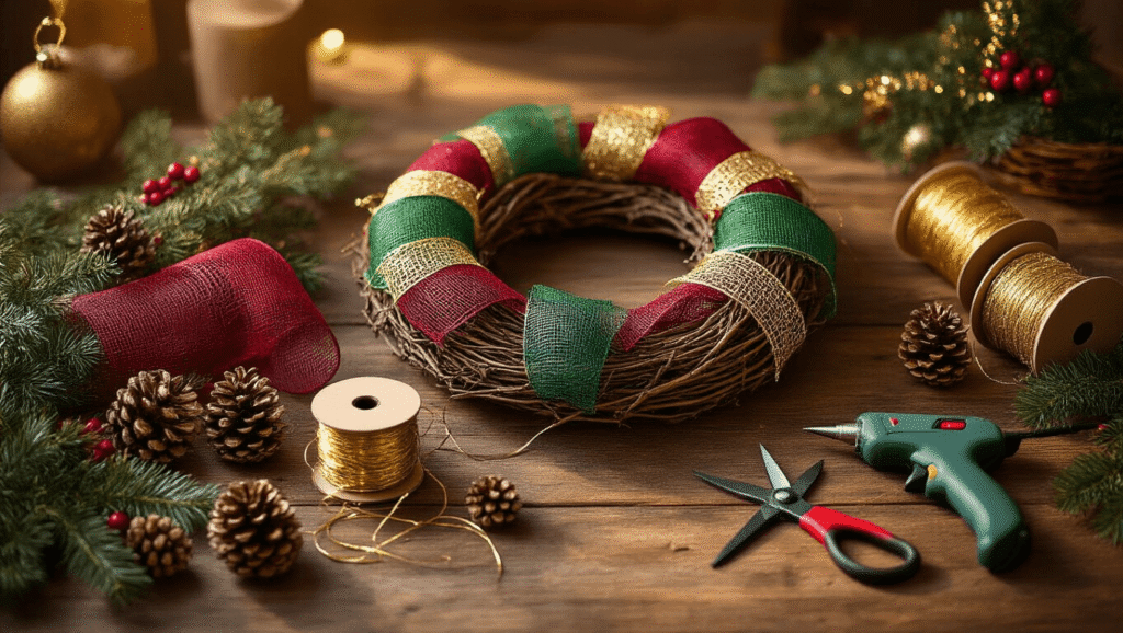 Cinematic flat lay of Christmas wreath crafting supplies, including burgundy and forest green deco mesh, gold ribbon, grapevine base, pine cones, and a hot glue gun, set on a rustic wood table with warm golden hour lighting.