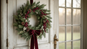 Close-up of an elegant Christmas wreath made of noble fir and cedar on a weathered white farmhouse door, adorned with burgundy rosehips, white snowberries, cascading plum velvet ribbon, and natural pine cones, illuminated by soft winter morning light.