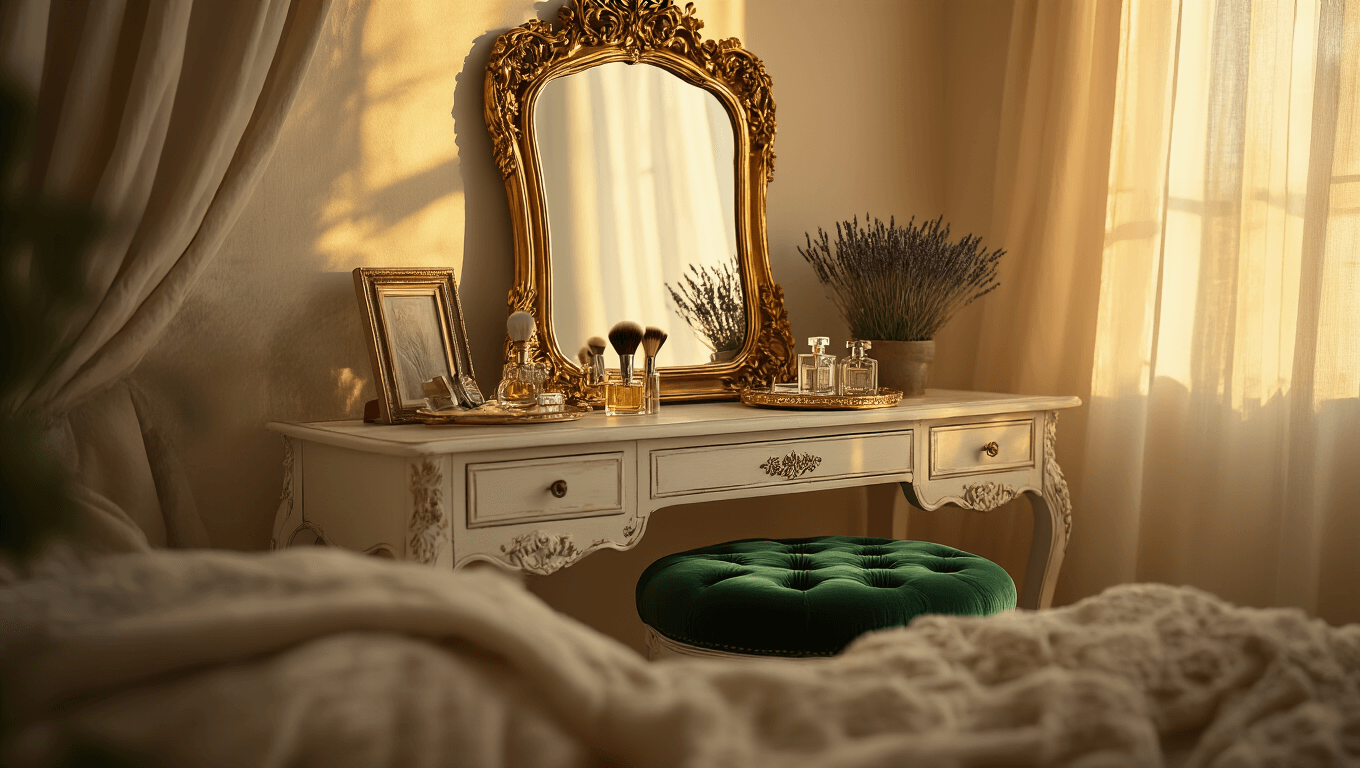 Cinematic bedroom vanity scene with vintage gilded mirror, emerald velvet stool, distressed white table, crystal perfume bottles, and potted lavender, bathed in warm golden hour light for an intimate atmosphere.