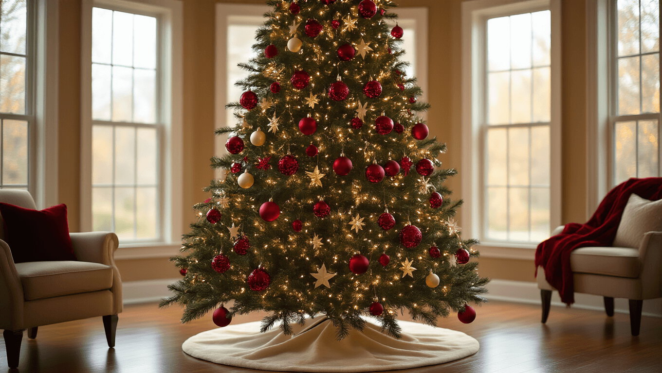 A beautifully decorated 8-foot artificial Christmas tree with red and gold ornaments in an elegant living room, featuring warm lighting, a cream tree skirt, and a cozy armchair, captured in a professional style.