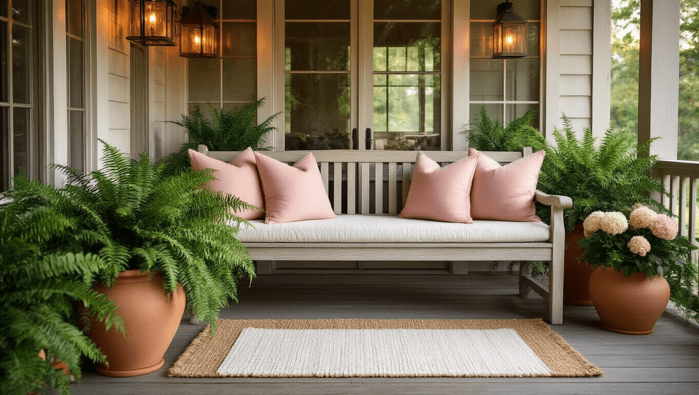 Cinematic wide shot of a cozy coastal farmhouse porch at golden hour, featuring a weathered wooden bench with pink cream pillows, large terracotta planters filled with lush ferns and hydrangeas, a layered jute and white welcome mat, and warm ambient string lights, all in a neutral color palette with rich textures and inviting atmosphere.