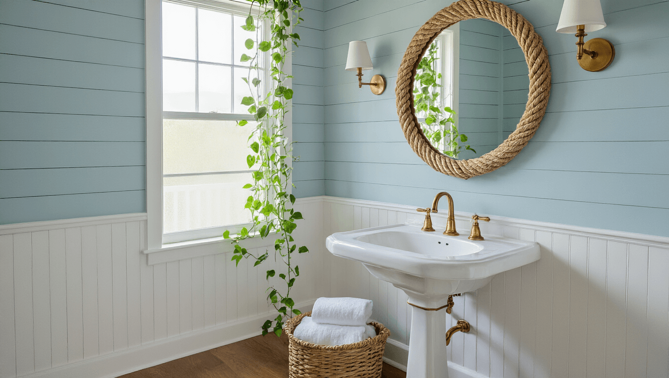 Ultra-detailed coastal half bathroom featuring soft blue shiplap walls, a vintage white pedestal sink with brass faucet, a round mirror with a nautical rope frame, warm brass sconces, woven basket storage, a trailing pothos plant, white beadboard wainscoting, natural light from a frosted window, polished hardwood floors, and fluffy white hand towels, creating an inviting powder room atmosphere.