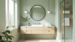 Cinematic wide-angle view of a compact modern bathroom with sage green walls, light wood floating vanity, oversized black-framed mirror, and minimalist decor, featuring soft natural lighting and a clear glass shower enclosure.