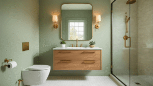 Cinematic wide-angle shot of a compact bathroom with sage green walls, a warm oak floating vanity, frameless glass shower, brass sconces, and hexagonal cream and gray floor tiles, creating a modern spa-like atmosphere.