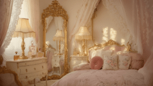 Cinematic coquette bedroom featuring ornate gold mirrors, blush velvet cushions, vintage cream furniture, and delicate floral prints, illuminated by fringed lampshades, all in a soft pink and cream palette with gold accents, creating a dreamy and romantic atmosphere.