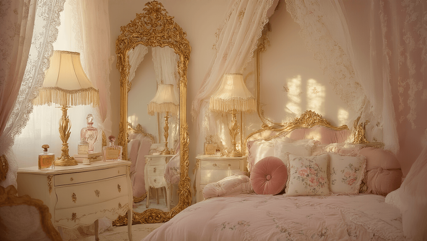 Cinematic coquette bedroom featuring ornate gold mirrors, blush velvet cushions, vintage cream furniture, and delicate floral prints, illuminated by fringed lampshades, all in a soft pink and cream palette with gold accents, creating a dreamy and romantic atmosphere.