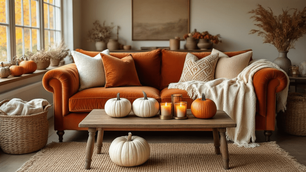 Cozy autumn living room featuring a rust-colored velvet sofa with cream throws, wooden coffee table with heirloom pumpkins, amber candles, woven rug, and warm golden hour light.