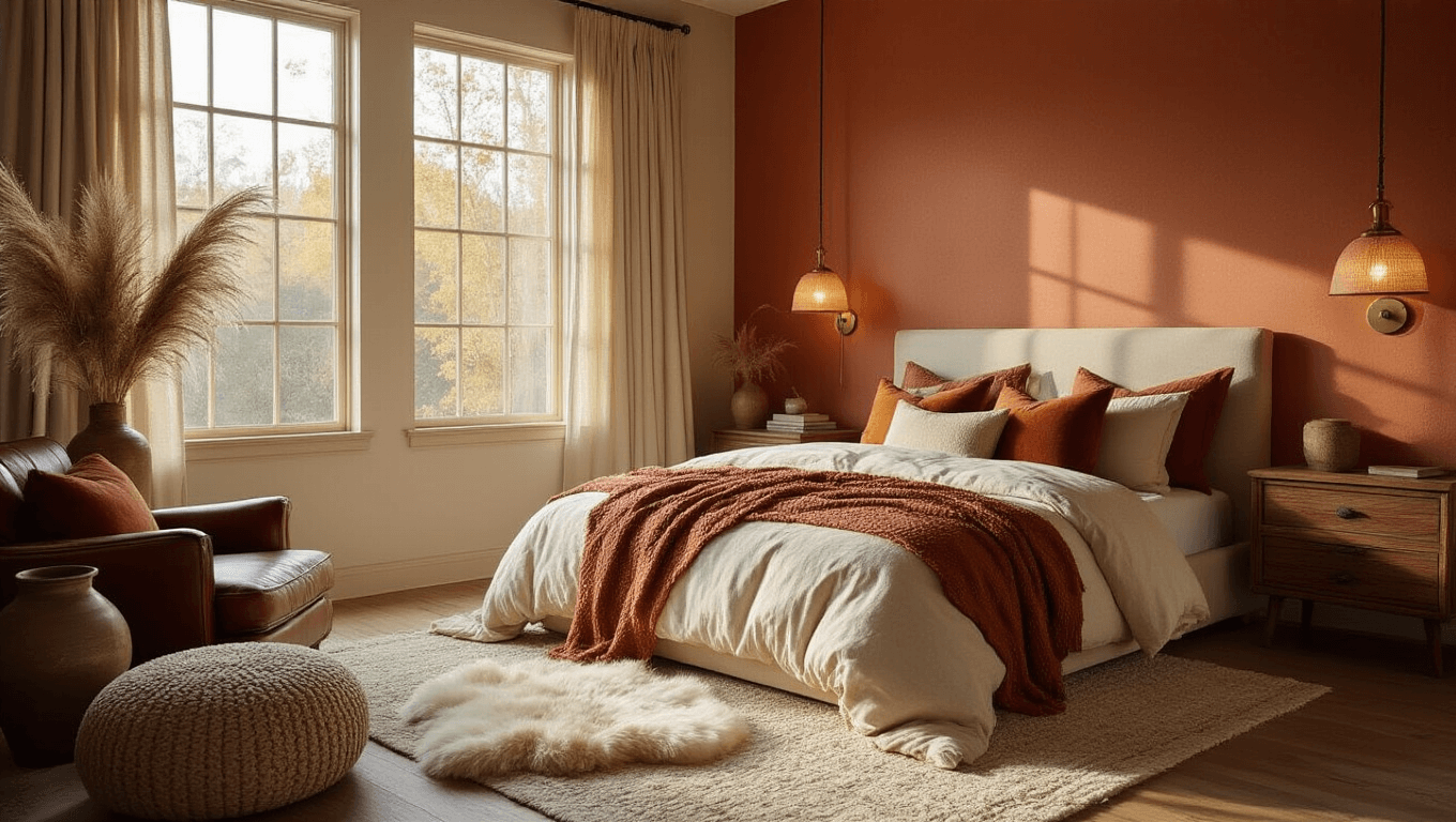 Ultra-detailed shot of a cozy bedroom sanctuary with a terracotta accent wall, king-sized bed adorned with linen throws and chunky knit blankets, brass sconces casting warm light, plush sheepskin rug, and natural wood nightstands, all bathed in soft morning light.