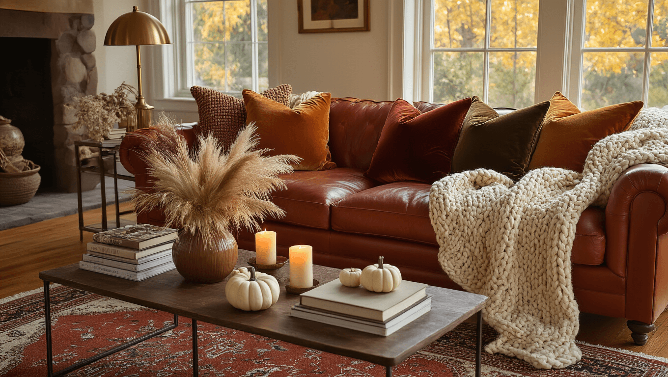 Cinematic wide shot of a cozy fall living room at golden hour, featuring a terracotta leather sofa adorned with chunky cream knits and velvet pillows, warm amber lighting, a vintage Turkish rug, and styled coffee table with art books and white pumpkins.