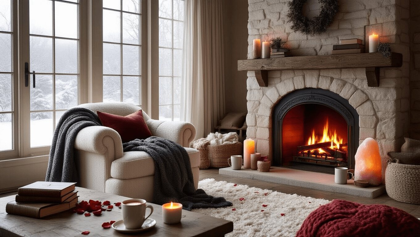 A cozy February living room with a cream bouclé armchair by a crackling cast iron fireplace, weighted blankets, steaming mugs of hot chocolate, flickering candles, and romantic red accents, all framed by a snowy landscape outside large windows.