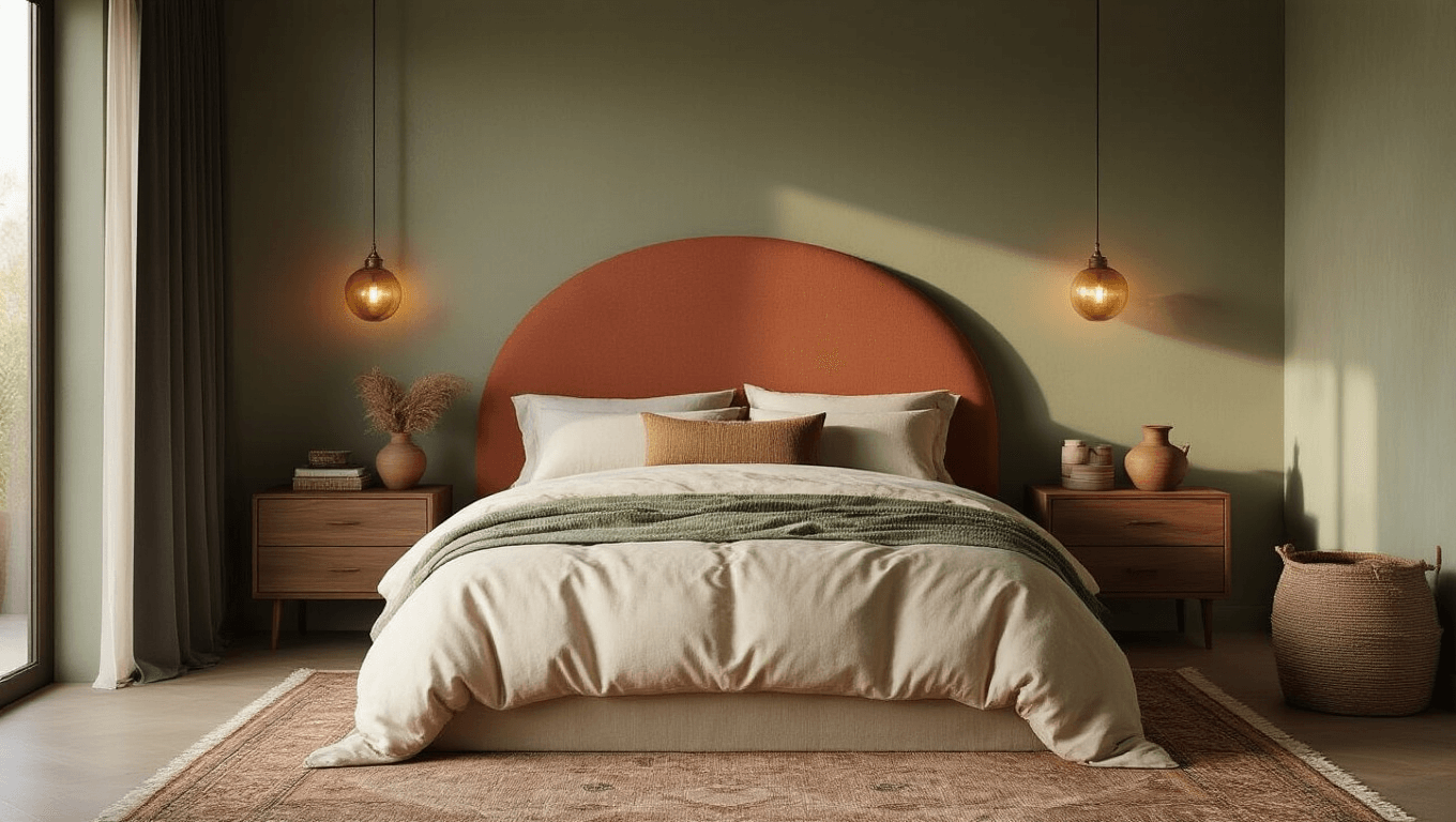 Cinematic view of a cozy bedroom sanctuary featuring a terracotta headboard, walnut nightstands, layered linen bedding, and a vintage Persian rug, illuminated by warm morning light and brass sconces against a deep green accent wall.