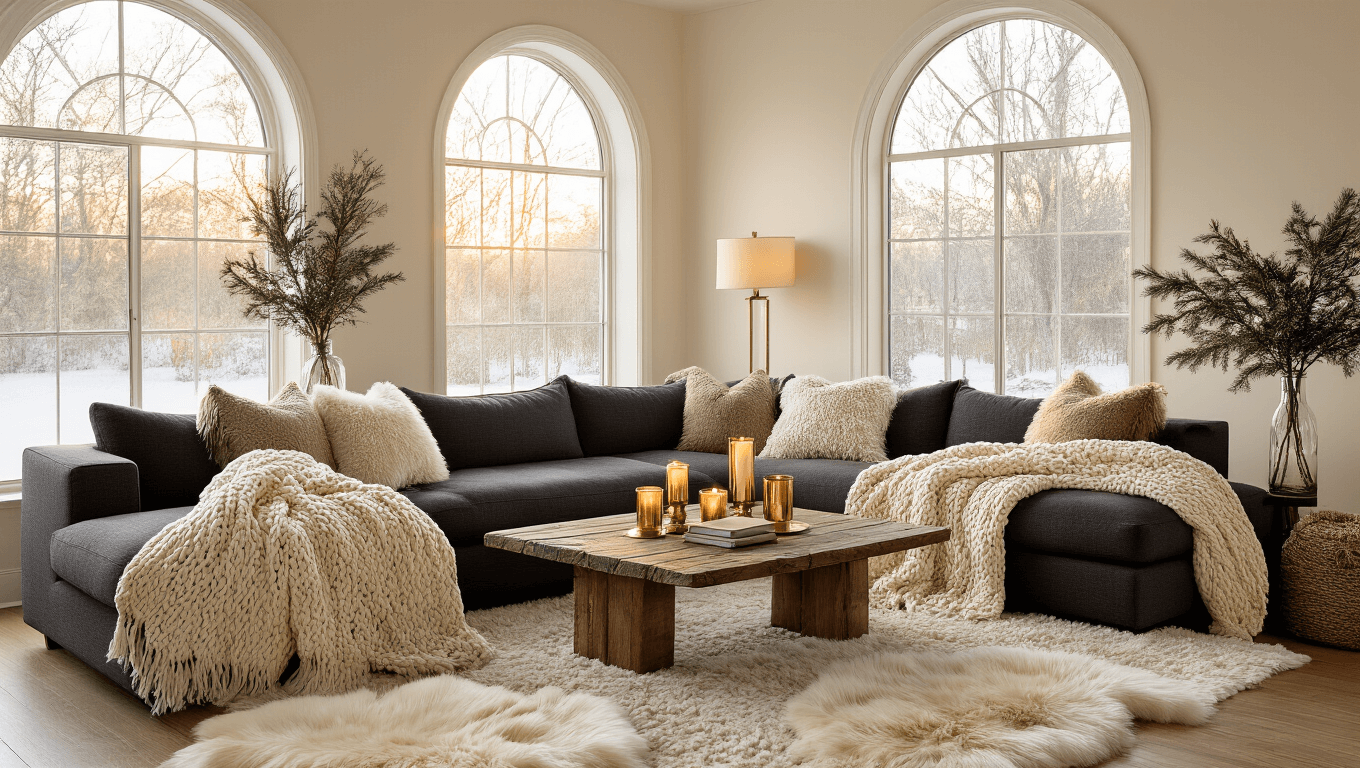 Cozy living room at golden hour with a charcoal sectional, cream chunky knit throws, brass candlesticks, evergreen branches, warm amber lighting, and layered rugs, creating an inviting sanctuary atmosphere.