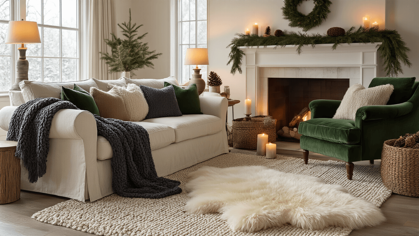 Cozy winter living room with cream sofa, forest green armchair, sheepskin rug, warm lighting, and textured decor elements like chunky throws and evergreen branches.