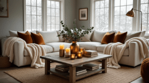 A cozy winter living room featuring an ivory sectional with chunky knit throws, brass candlesticks, eucalyptus stems in a vase, and warm lighting creating a hygge atmosphere.