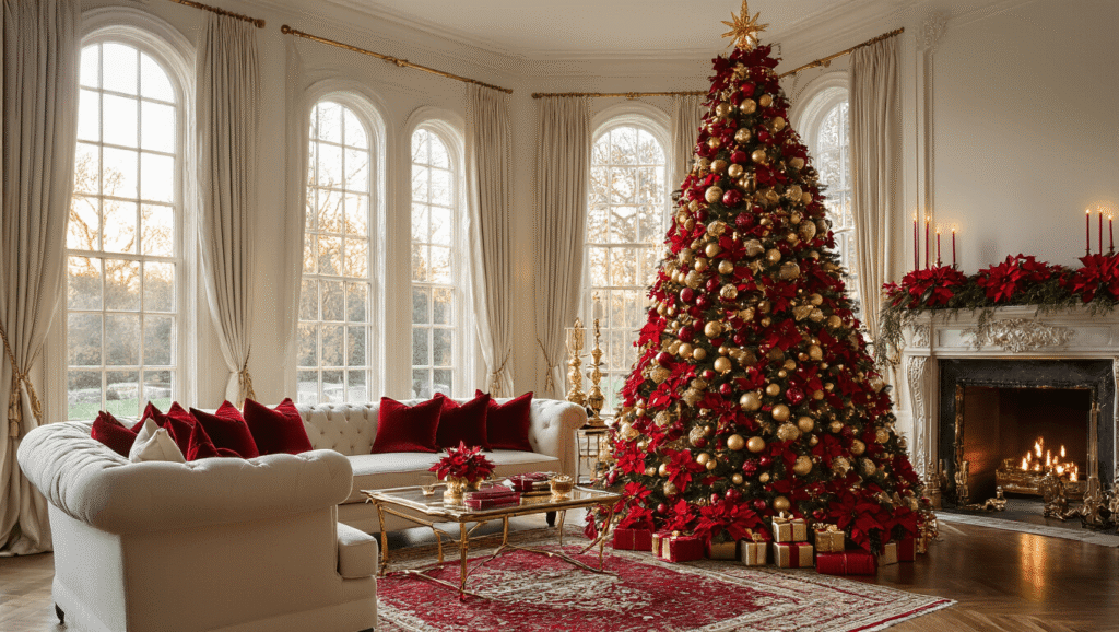 Cinematic wide shot of an opulent living room with a 12-foot Christmas tree adorned with crimson ribbons and gold ornaments, featuring plush cream sofas, a burnished gold mantel with red candles, and a Persian rug, all bathed in warm golden hour light.