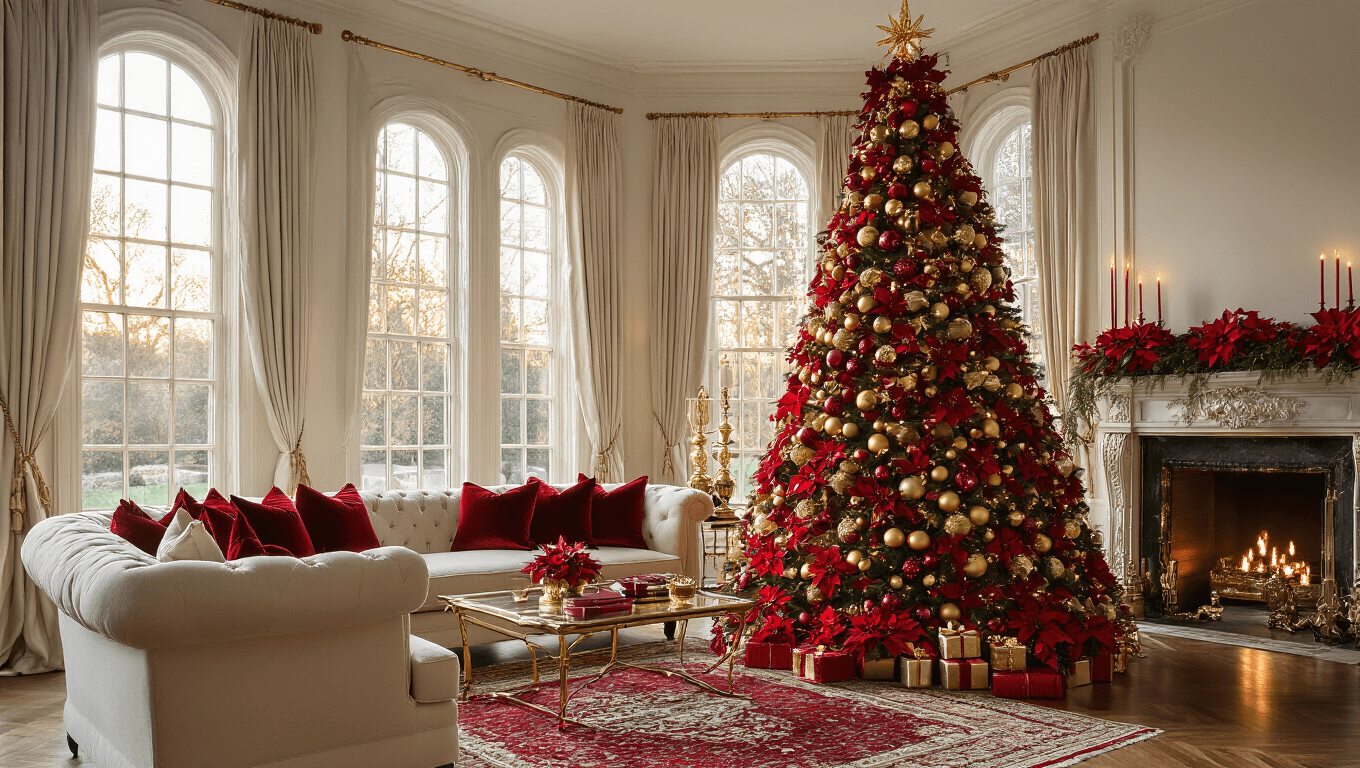 Cinematic wide shot of an opulent living room with a 12-foot Christmas tree adorned with crimson ribbons and gold ornaments, featuring plush cream sofas, a burnished gold mantel with red candles, and a Persian rug, all bathed in warm golden hour light.