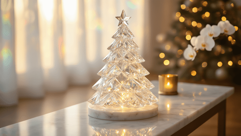 Cinematic close-up of a luminous crystal Christmas tree centerpiece on a white marble surface, illuminated by soft winter light, with rainbow prisms on a polished hardwood floor, a single white orchid, and a brushed brass candle holder, creating an elegant holiday atmosphere.