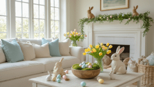 Elegant Easter-decorated living room featuring a white wooden mantel with sage green garland, ceramic bunny figurines, pastel eggs, fresh tulips and daffodils in glass vases, a cream linen sofa with blue throw pillows, and a vintage wooden dough bowl filled with moss and colorful eggs, all bathed in soft morning light.