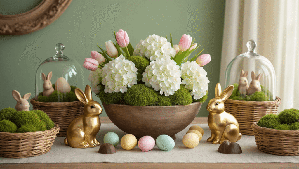 Elegant Easter tablescape featuring a wooden dough bowl filled with white hydrangeas and pink tulips, gold bunny figurines, glass cloches with pastel eggs, and woven baskets, all bathed in warm golden hour light against sage green walls.