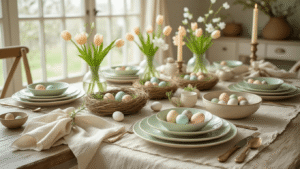 Cinematic Easter tablescape featuring cream linen, layered ceramic plates, hand-dyed pastel eggs, tulip arrangements, tied linen napkins, quail eggs, pillar candles, and vintage brass napkin rings, captured in soft morning light from above.