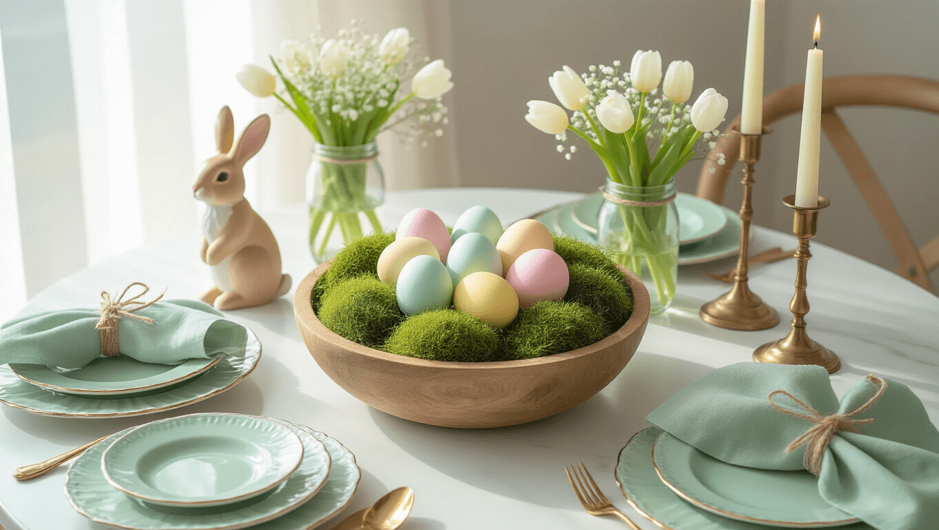 Cinematic overhead shot of an elegant Easter tablescape with pastel-colored eggs, floral arrangements, and bunny figurines on a white marble surface, accented by soft morning light.