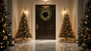 Elegant holiday entryway with dark wooden door, oversized green wreath, mini Christmas trees, gold and white garland, polished marble floor, warm lighting, and soft bokeh effects.