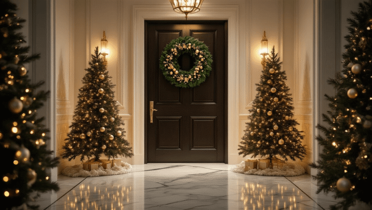 Elegant holiday entryway with dark wooden door, oversized green wreath, mini Christmas trees, gold and white garland, polished marble floor, warm lighting, and soft bokeh effects.