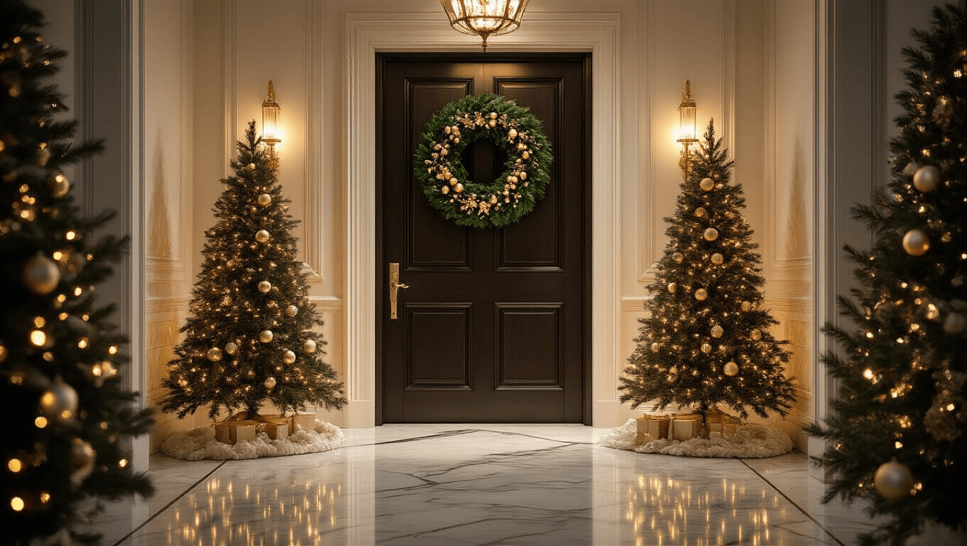 Elegant holiday entryway with dark wooden door, oversized green wreath, mini Christmas trees, gold and white garland, polished marble floor, warm lighting, and soft bokeh effects.