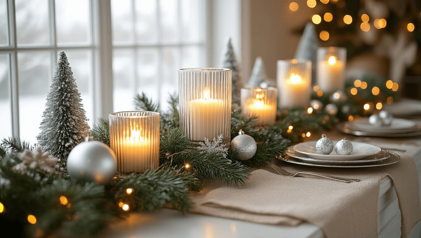 Elegant Christmas mantel display with glowing glass votive holders, faux greenery garland, twinkling lights, silver and gold ornaments, mini snow-dusted white trees, and rich textures of burlap and velvet ribbon, creating a warm winter wonderland atmosphere.