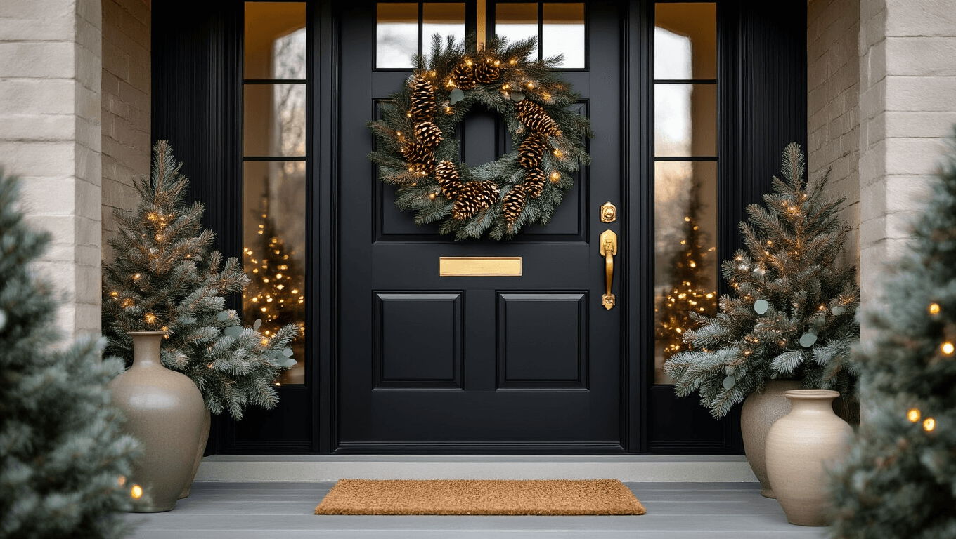 Cinematic wide-angle shot of an elegant dark green Christmas wreath with frosted pinecones and cream berries on a matte black front door, featuring warm LED lights and winter afternoon glow, complemented by a minimalist console table and natural fiber doormat, creating a cozy welcoming atmosphere.