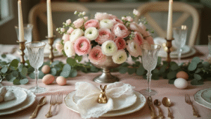 Elegant Easter dining table with blush linen runner, pink and white ranunculus centerpiece, quail eggs, candlelight, and a pastel color palette in soft morning light.