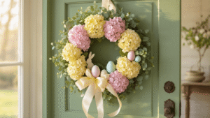 Cinematic close-up of an elegant Easter wreath adorned with pastel flowers, speckled eggs, and bunny motifs on a sage-green farmhouse door, illuminated by warm golden hour lighting.