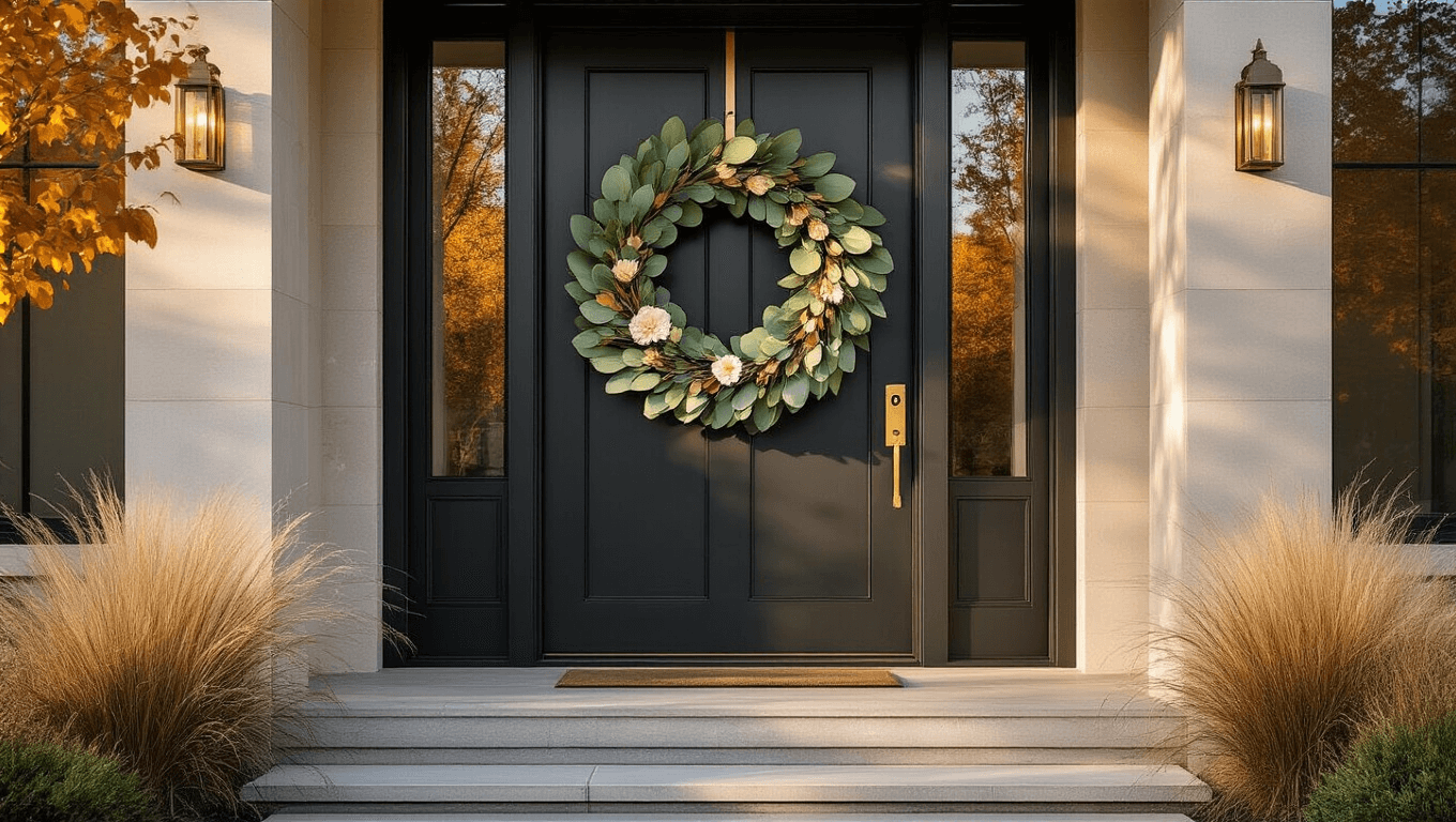 Cinematic front entrance with oversized eucalyptus and magnolia leaf wreath on a deep charcoal door, illuminated by golden hour light, featuring brushed brass hardware and natural stone steps amidst minimalist landscaping.